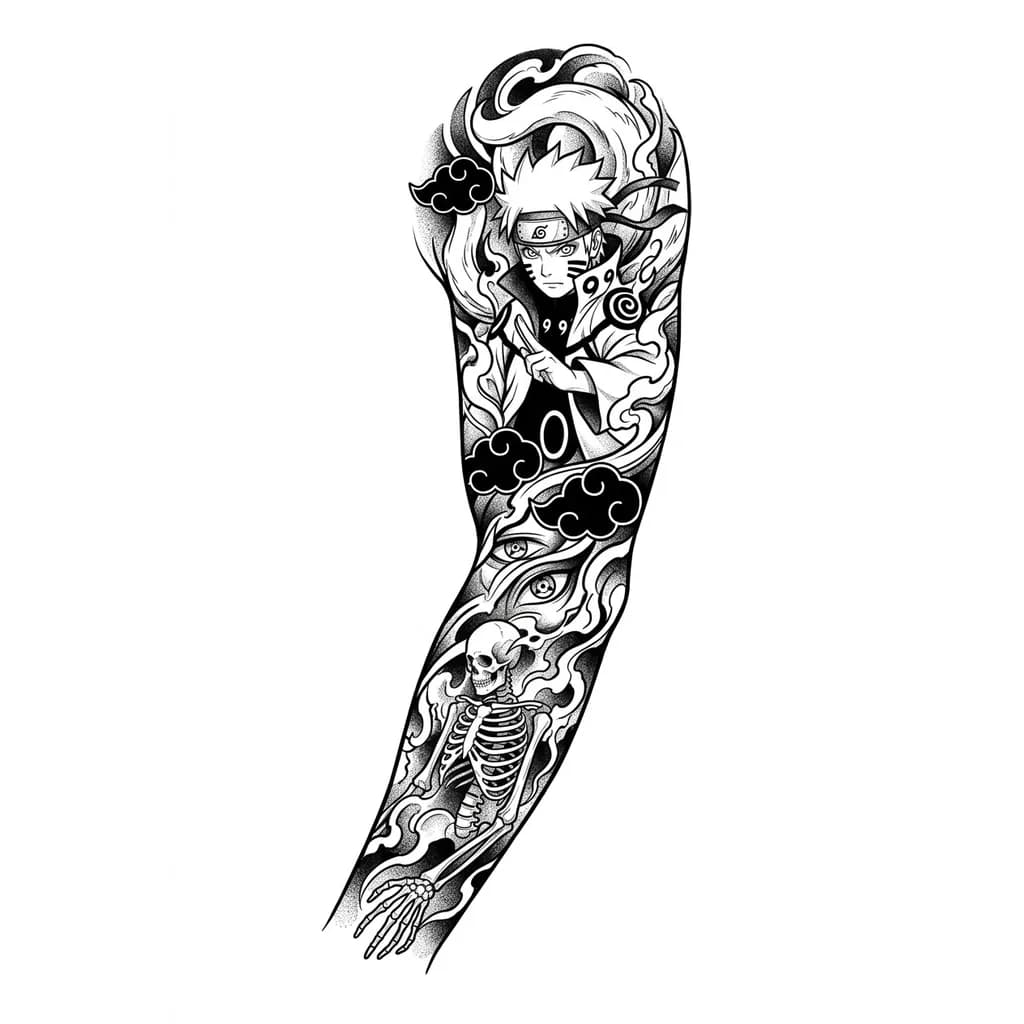 Тату эскиз: Full arm Naruto anime tattoo sleeve, manga blackwork style, ultra detailed line art, flowing composition from shoulder to wrist, Naruto Uzumaki sage mode, Kurama fox aura, Akatsuki clouds, Sharingan eyes, Susanoo skeleton, Japanese smoke and ink effects, dark manga aesthetic, tattoo stencil design, high contrast black and grey, professional tattoo composition, seamless sleeve flow, negative space, highly detailed, no color, white background --ar 2:3 --v 7 --stylize 200