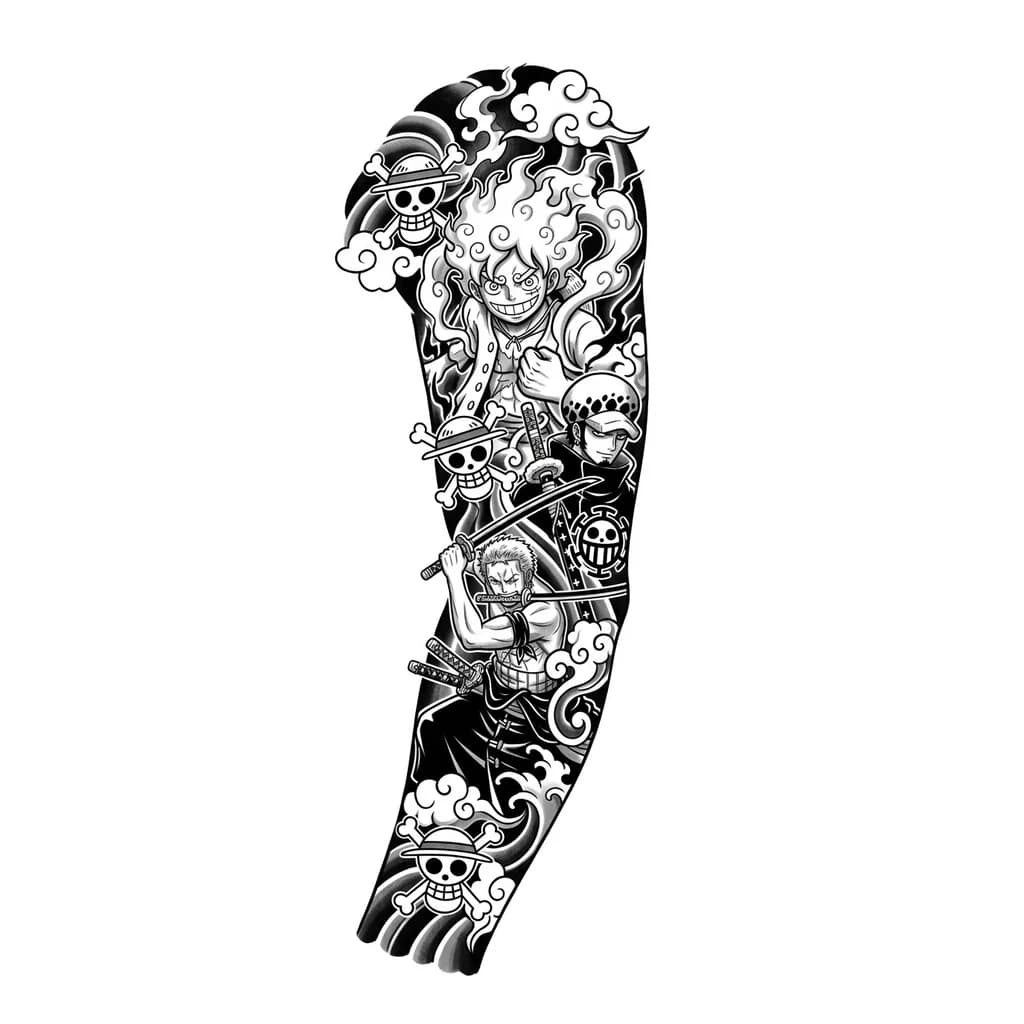 Тату эскиз: Full One Piece anime tattoo sleeve, ultra detailed manga tattoo design, Monkey D Luffy gear 5, Zoro swords, Trafalgar Law, pirate symbols, waves, haki aura, japanese clouds and smoke, blackwork anime tattoo, highly detailed line art, flowing sleeve composition from shoulder to wrist, tattoo stencil style, white background --ar 9:16 --v 7