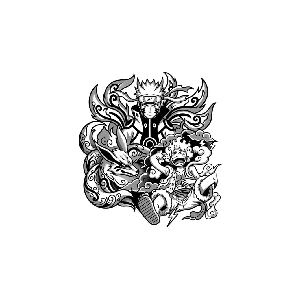 Тату эскиз: Anime Naruto with the characters Naruto in his 9 tails form and kurama in it and underneath I want luffy gear 5