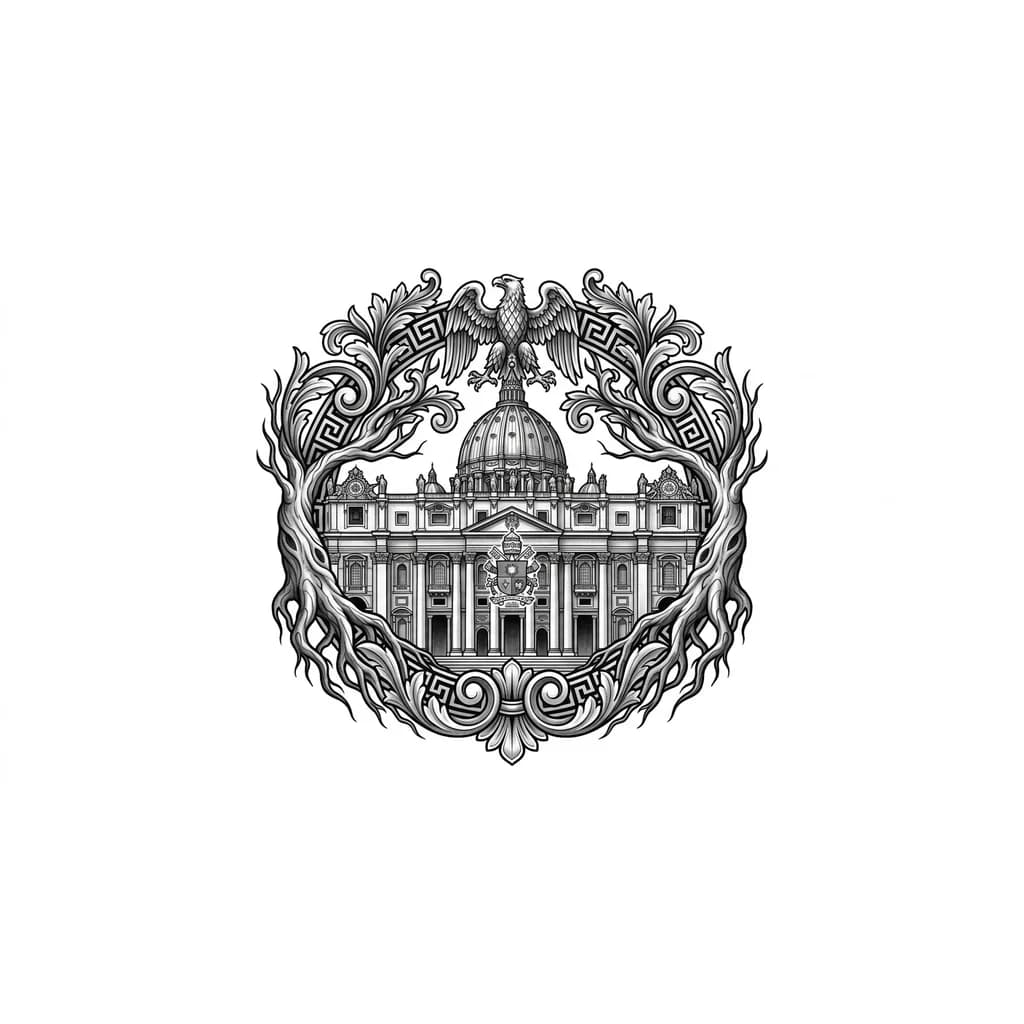 Тату эскиз: Edit the design so that the entrance of the Vatican cathedral is in the center, with tree roots only on the sides, and add some Roman-style tattoo elements around it