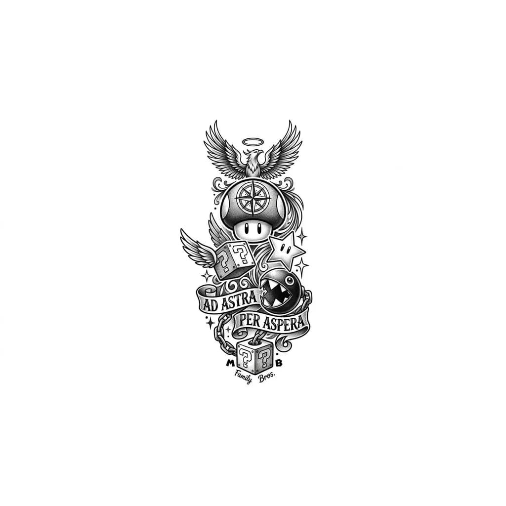 Тату эскиз: Quiero un tatuaje para el pecho y hombro que indique Familia, espiritual, juegos de mario bros, misterio, ambición y recordarme disciplina. En ese orden.