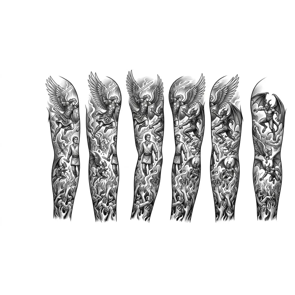 Тату эскиз: At the bottom, near my hand I want and inferno, the inferno will be portrait by a pit of hands reaching up and demons flying. At the top of the tattoo, near my shoulder, it will have archangels coming down and fighting the demons. It’s basically a tattoo of good vs evil, with some hidden details of actions happening, and I’m the middle, a human.