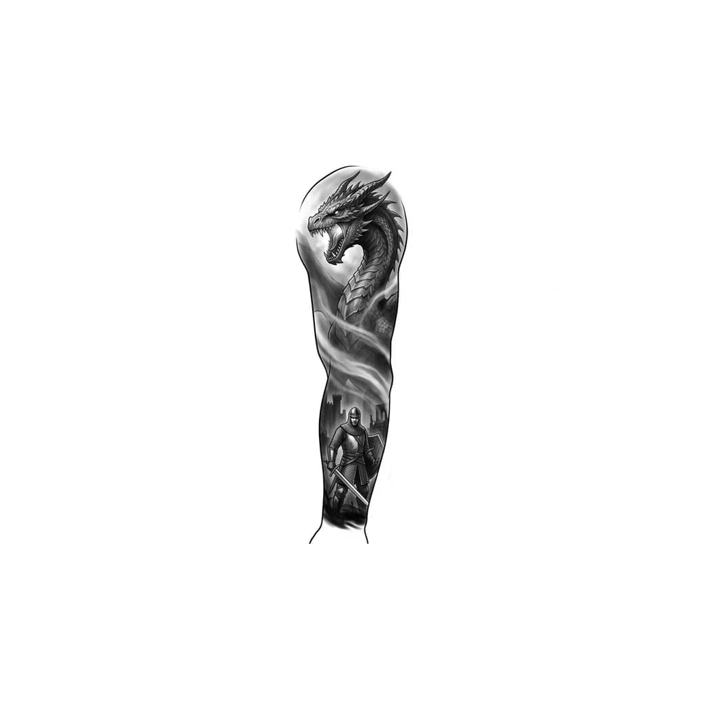 Тату эскиз: I want a sleeve, where near my hand it will have a warrior, with a sword in his hand, with mediaeval type background but its like shadows in the background. And then you will have a huge dragon but his body is covered in like a mist, and only the neck and head are like visible. The dragon is huge compared to the warrior, and it is supposed to be an unmatched fight, so the warrior looks really small. The dragon will have like dim light coming out of his mouth.