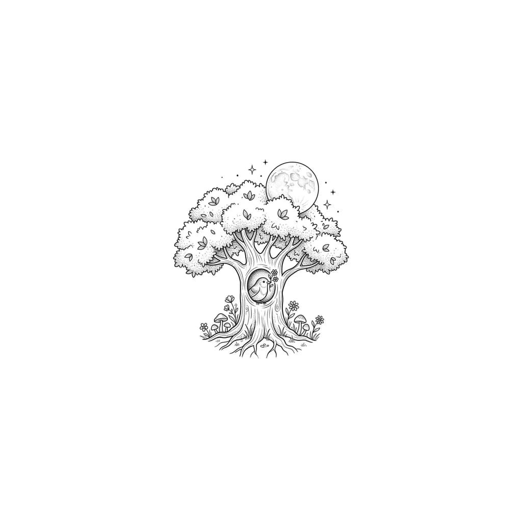 Тату эскиз: cute whimsy character fluffy tree with hollow circle with bird in it with flowers in his beak big full moon above and some little mushrooms flowers on the ground