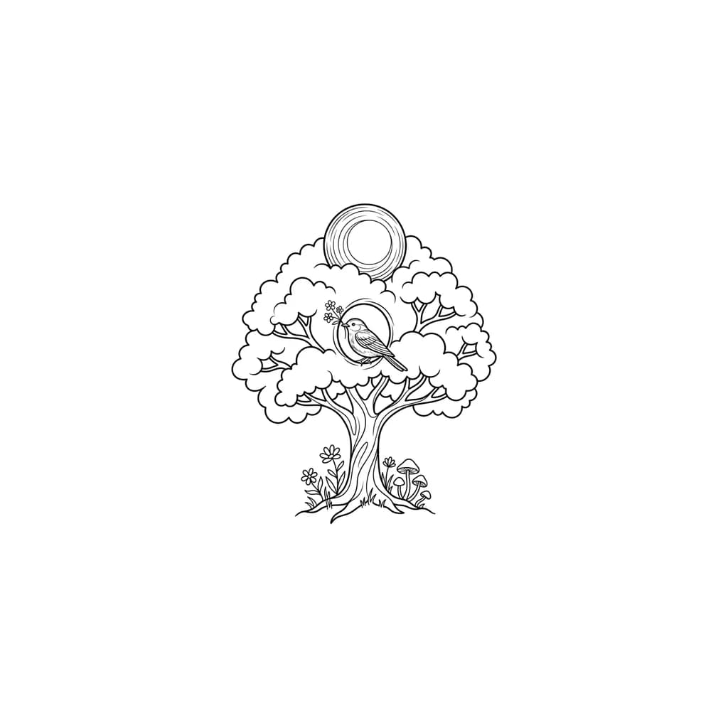 Тату эскиз: fluffy tree with small hollow circle with bird in it with flowers in his beak big full moon in the sky top and some little mushrooms flowers on the ground