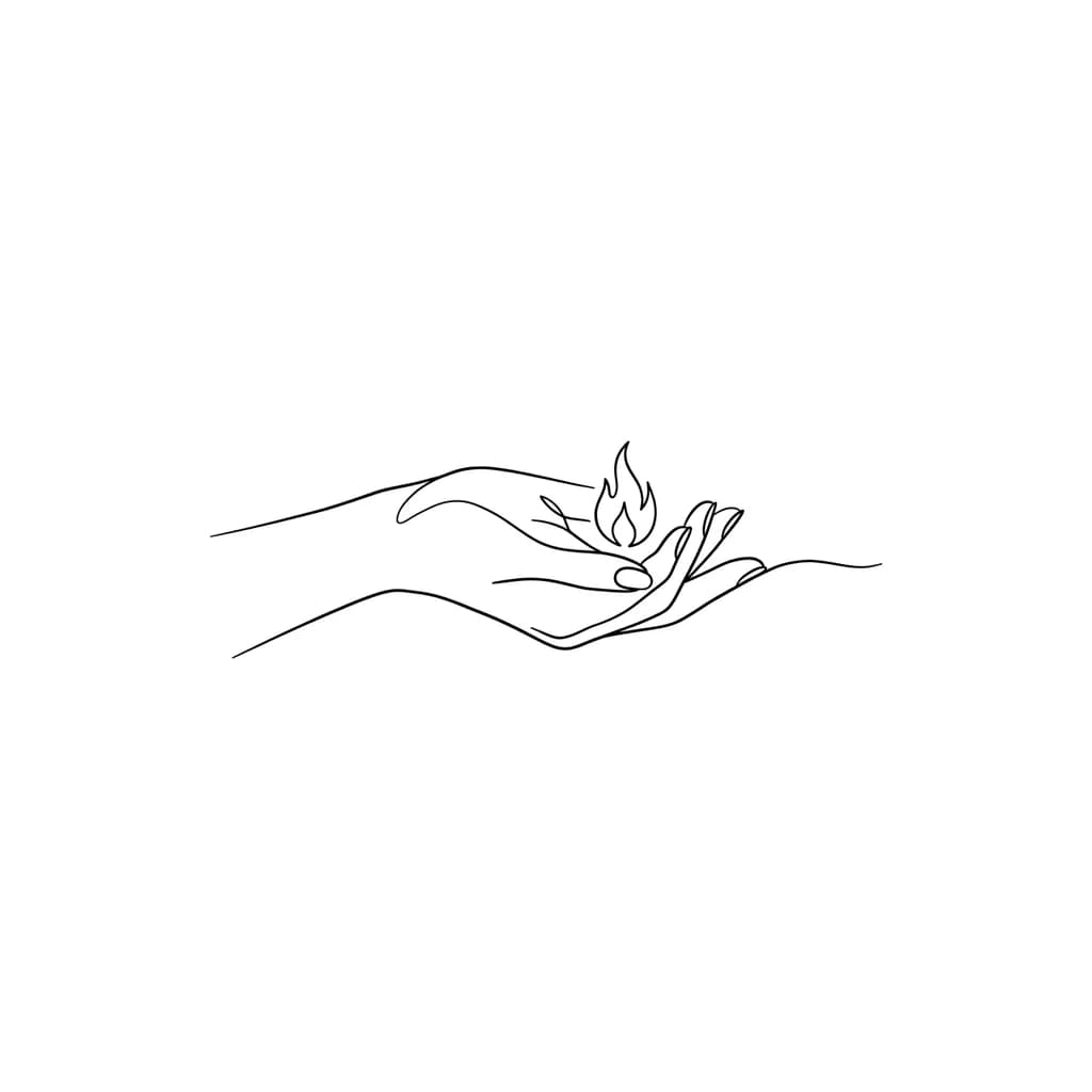 Тату эскиз: minimalist single-line tattoo of a soft hand gently cupping a tiny flame, emotionally quiet, asymmetrical, imperfect human linework, notebook sketch feeling, lots of negative space, delicate fine line, symbolic tenderness, no realism, no shading, no details, intimate and protective