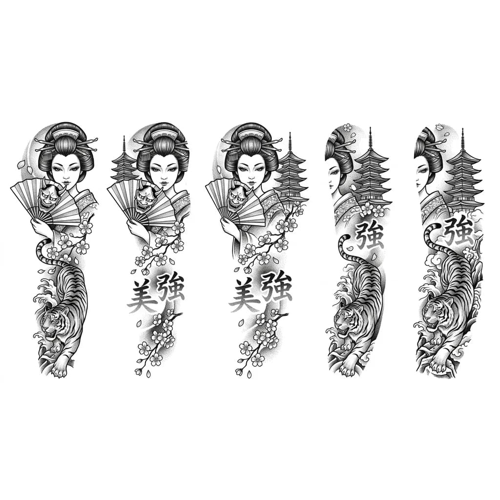 Тату эскиз: Quiero la parte de arriba, tal cual como se vea las chicas una geisha que tenga un abanico que el abanico tenga la cara del demonio japonés la geisha con bastantes pestañas bonitas al lado una torre de esa japonesa luego bajando florecitas de cerezo con las dos letras japonesas así con sombras que sea con la piel y luego hacia abajo, pues el tigre japones completo realismo con una mirada bonita