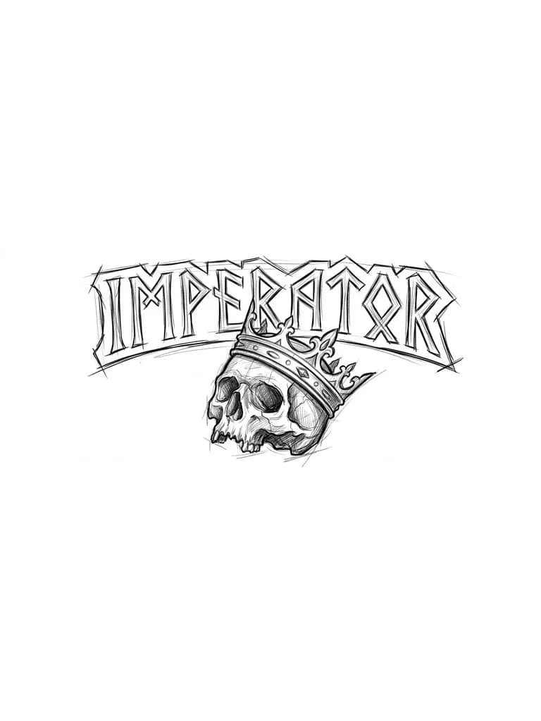 Тату эскиз: Quiero que escribas la palabra imperator con letras nórdicas y debajo una calavera con una corona puesta media caida, la palabra imperator tienen que ser más ancha que la calavera con la corona