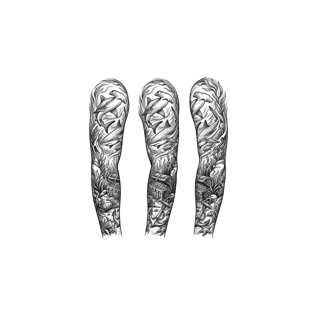 Тату эскиз: Unterarm sleeve mit Haien, Schatztruhe und Anker am Meeresboden Zwischendrin Algen und andere Meeresbewohner wie Krabben Schwarz, weiß und grau