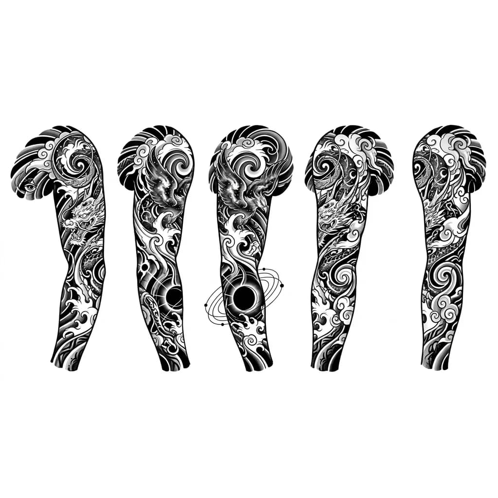 Тату эскиз: Full sleeve tattoo in cosmic blackwork and neo oriental style. Flowing gravitational lines wrapping around the arm anatomy. Abstract astral symbols, eclipse patterns, orbital geometry, hidden celestial eyes and cyber tribal textures. Heavy black contrast mixed with smooth negative space. Seamless flow from shoulder to hand, elegant but intimidating cosmic energy aesthetic.