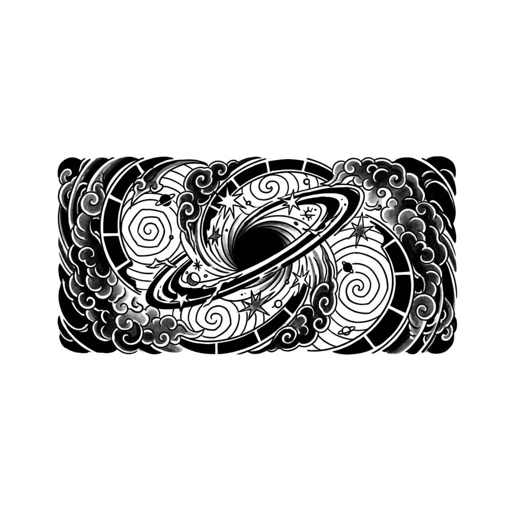 Тату эскиз: Full back tattoo design of an abstract cosmic black hole in modern blackwork japanese style. Gravitational spiral consuming stars and space. Nebula smoke patterns inspired by irezumi clouds. Massive central composition with ornamental celestial geometry and hypnotic orbital rings. Heavy black shading with strong negative space. Spiritual cosmic entity aesthetic, elegant flow, dark astral symbolism, tattoo stencil artwork.