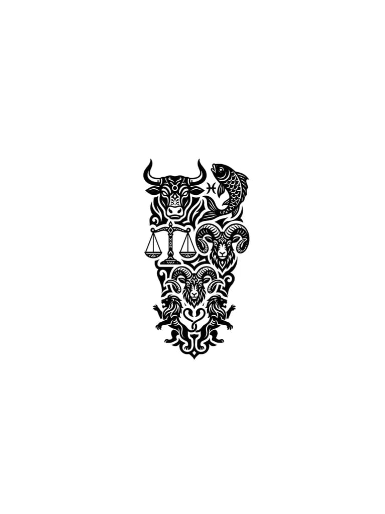 Тату эскиз: Above is a bull, next to it is a fish, below them is a scale and a ram, below again a ram and then two lions below it zodiac