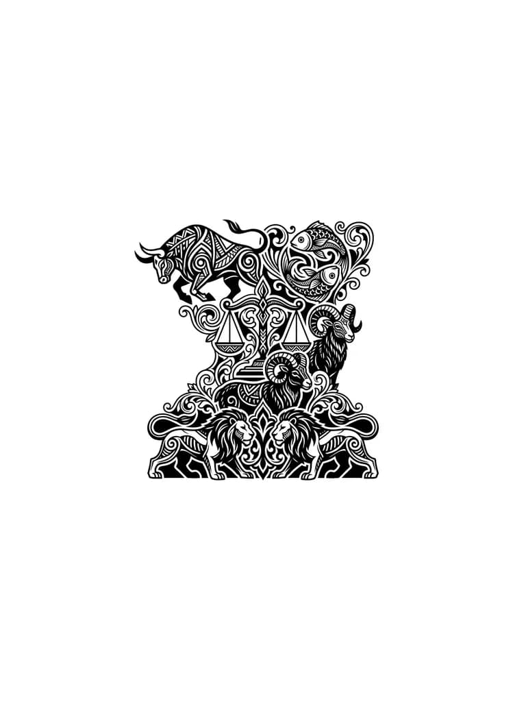 Тату эскиз: Above is a bull, next to it is a fish, below them is a scale and a ram, below again a ram and then two lions below it zodiac