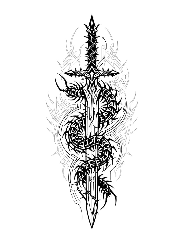 Тату эскиз: Quiero un diseño de blackwork con tribales cibersigilism. La idea es una espada finita, con un cienpiés rodeándola haciendo una espiral de arriba abajo y un tribal cibersigilism de fondo muy finito. Busco un diseño que dé bastante mal rollo pero a la vez sea chulo de ver