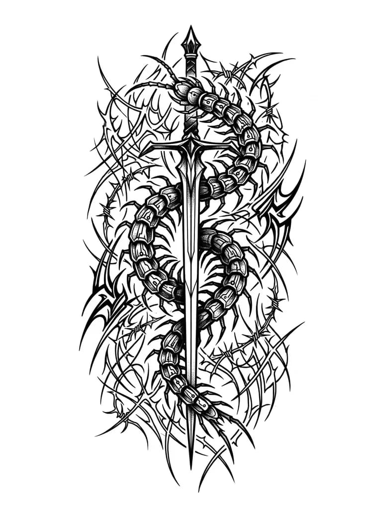 Тату эскиз: Quiero un diseño de blackwork con tribales cibersigilism. La idea es una espada finita, con un cienpiés rodeándola haciendo una espiral de arriba abajo y un tribal cibersigilism de fondo muy finito. Busco un diseño que dé bastante mal rollo pero a la vez sea chulo de ver. Que no sea muy geométrico, que sea lo más sucio posible