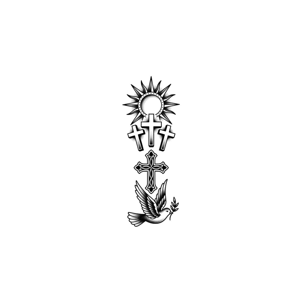 Тату эскиз: Three crosses in left side of chest and sun in left shoulder and cross in left bicep and dove in left forearm