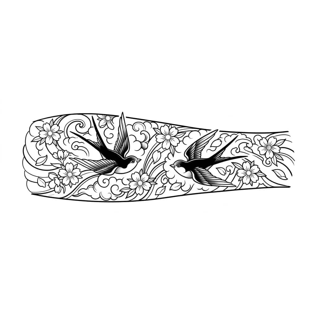 Тату эскиз: Japanese forearm tattoo, two swallows representing life cycle, one swallow flying upward symbolizing a loved one who passed away, one swallow flying forward symbolizing a new life arriving, surrounded by sakura cherry blossoms, flowing petals, elegant Japanese composition, black and grey, fine line with traditional irezumi influence, vertical forearm layout, highly detailed, tattoo stencil design, 18 cm tall, balanced composition, meaningful family symbolism.