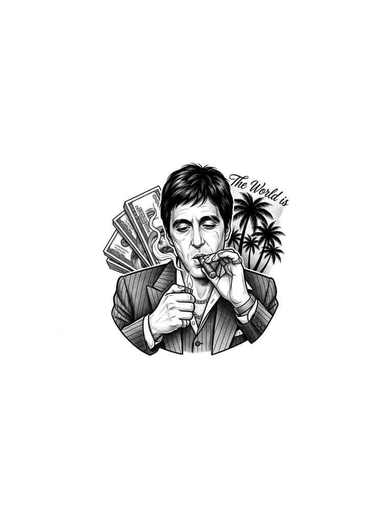 Тату эскиз: el tatuaje es de tony montana de scarface ensendiendo un puro y en el fondo billetes y palmeras y la frase obvio
