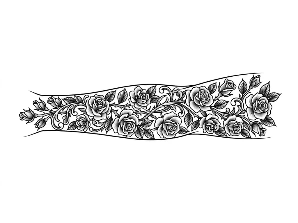 Тату эскиз: Left forearm, I want the whole forearm to be tattooed, there should be roses in the tattoo starting on my pulse and maybe add something that will suit the roses but make it 21 small roses