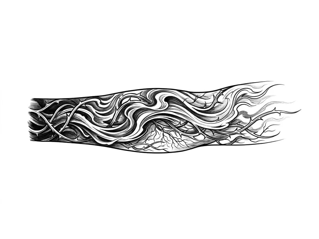 Тату эскиз: Outer left forearm wrap-around composition in black and grey realism. Flowing smoke, wind currents, and heavy shading create full coverage and seamless sleeve flow. Thorned vines and subtle root system connect all inner elements into one unified design. Darker saturation near wrist to fully cover existing tattoo, gradually fading toward elbow. Atmospheric texture, high contrast, realistic tattoo style, masculine aesthetic, cohesive full-arm flow with continuous movement and depth.