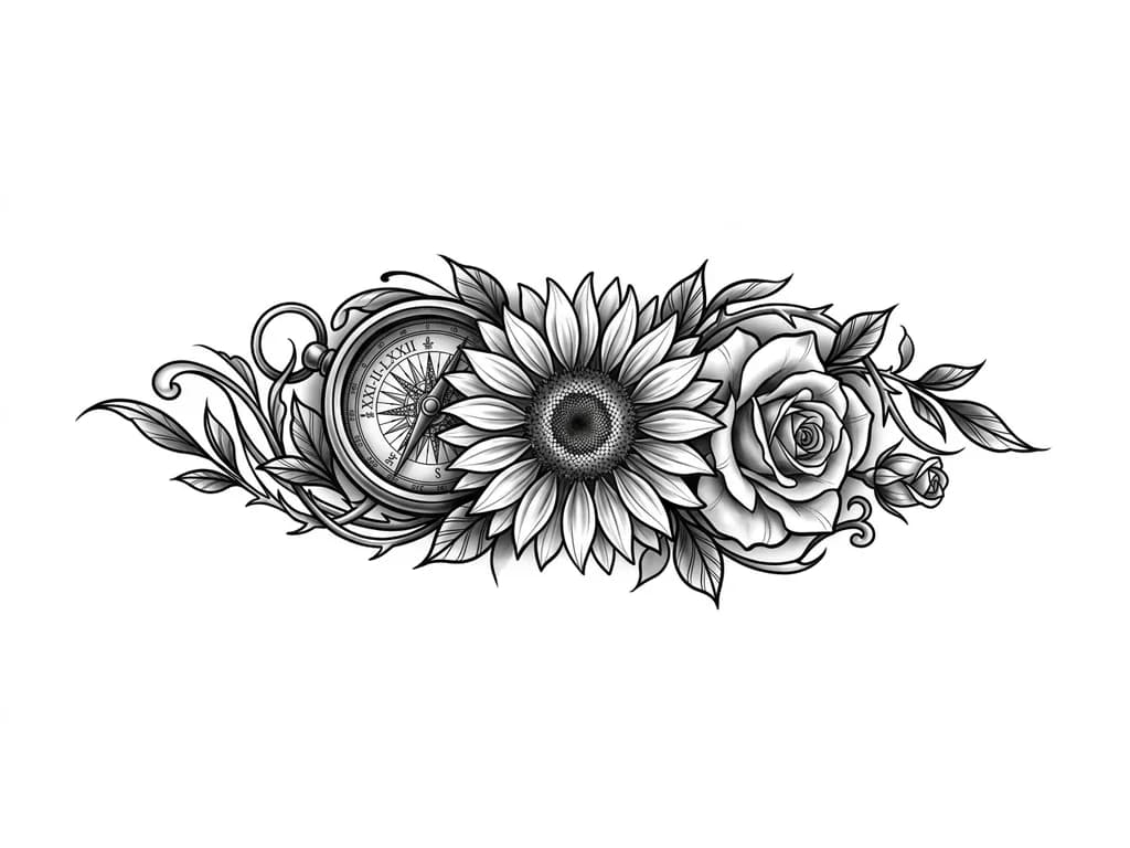 Тату эскиз: INNER LEFT FOREARM black and grey realism sleeve. Large detailed sunflower representing mother (21 Feb 1972) as central focus. Antique compass behind it symbolizing guidance, with hidden Roman numerals XXI-II-LXXII. Two roses integrated into design: one rose for self (01 June 2000) and one rosebud for younger brother (11 March 2012). Flowing botanical realism, leaves and thorns wrapping naturally around forearm. Smooth shading, cinematic depth, no empty gaps, high detail, tattoo stencil quality.