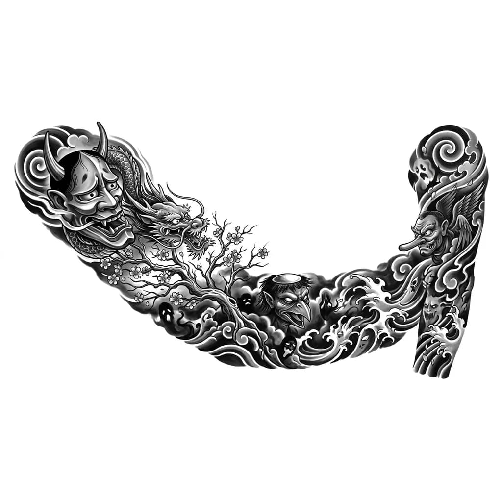 Тату эскиз: Unique Japanese horror tattoo sleeve, ancient Yokai spirits emerging from mist, giant Hannya mask transforming into a dragon, skeletal cherry blossom tree growing through the composition, black ink with dark sepia brown shading and crimson red details, flowing smoke connecting every element, traditional Japanese waves and wind patterns, dark fantasy Irezumi style, highly detailed tattoo sleeve layout, premium tattoo design, shoulder to wrist coverage, powerful and mysterious.
