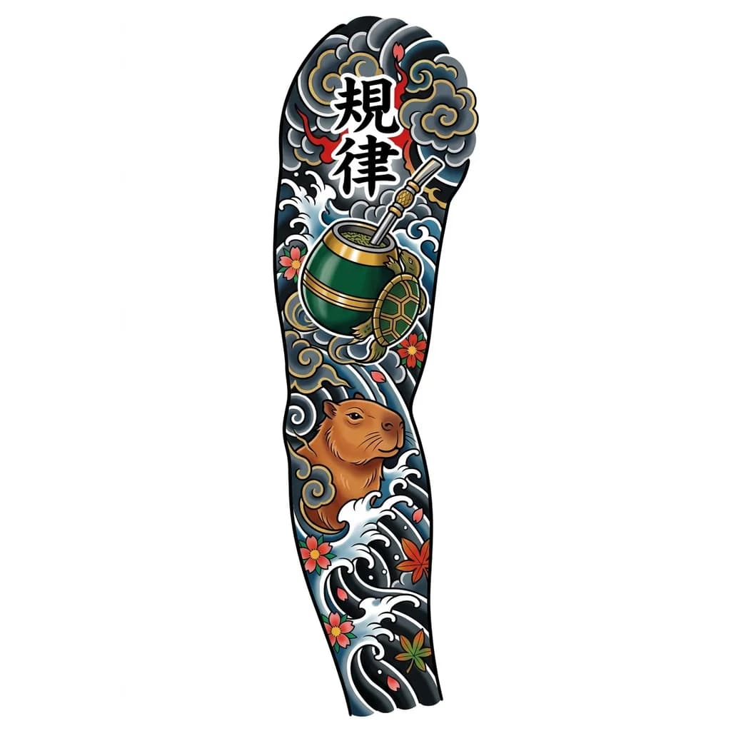 Тату эскиз: Quiero que tenga un estilo japones tradicional y que tenga los siguientes elementos, un mate argentino, un capibara y el kanji de disiplina
