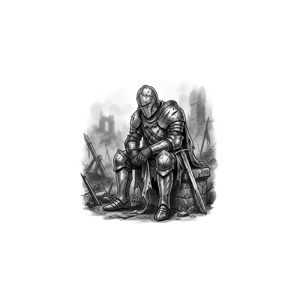 A tired and lonely medieval knight wearing a closed damaged helmet, sitting alone after countless wars. His scratched armor shows years of battles, his sword rests beside him. He looks exhausted but still powerful. Dark fog, ruined battlefield, cold atmosphere, cinematic shadows, dark fantasy style, realistic black and grey tattoo design, blackwork, tattoo stencil, highly detailed armor, emotional and dramatic composition, designed for a tattoo.