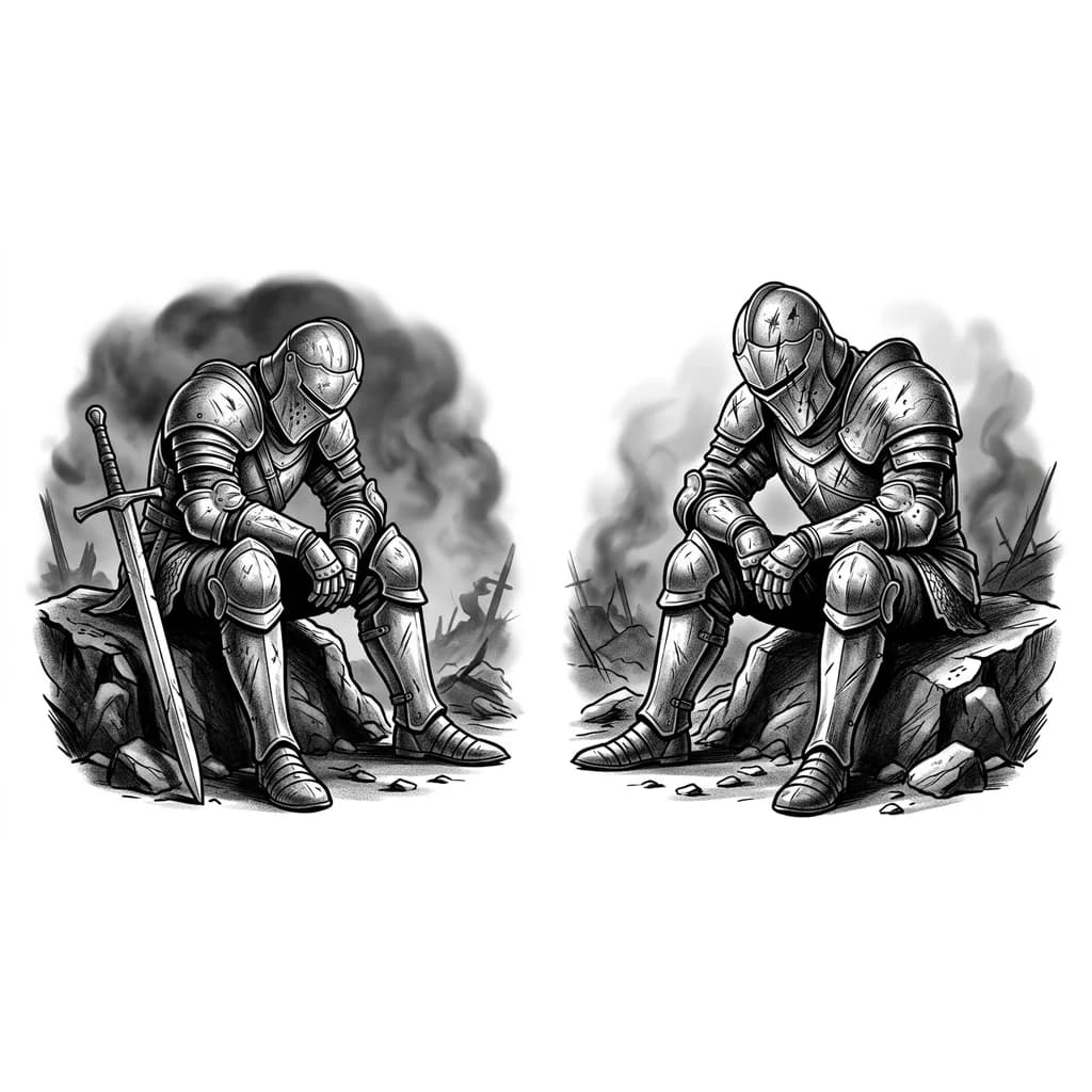 A tired and lonely medieval knight wearing a closed damaged helmet, sitting alone after countless wars. His scratched armor shows years of battles, his sword rests beside him. He looks exhausted but still powerful. Dark fog, ruined battlefield, cold atmosphere, cinematic shadows, dark fantasy style, realistic black and grey tattoo design, blackwork, tattoo stencil, highly detailed armor, emotional and dramatic composition, designed for a tattoo.