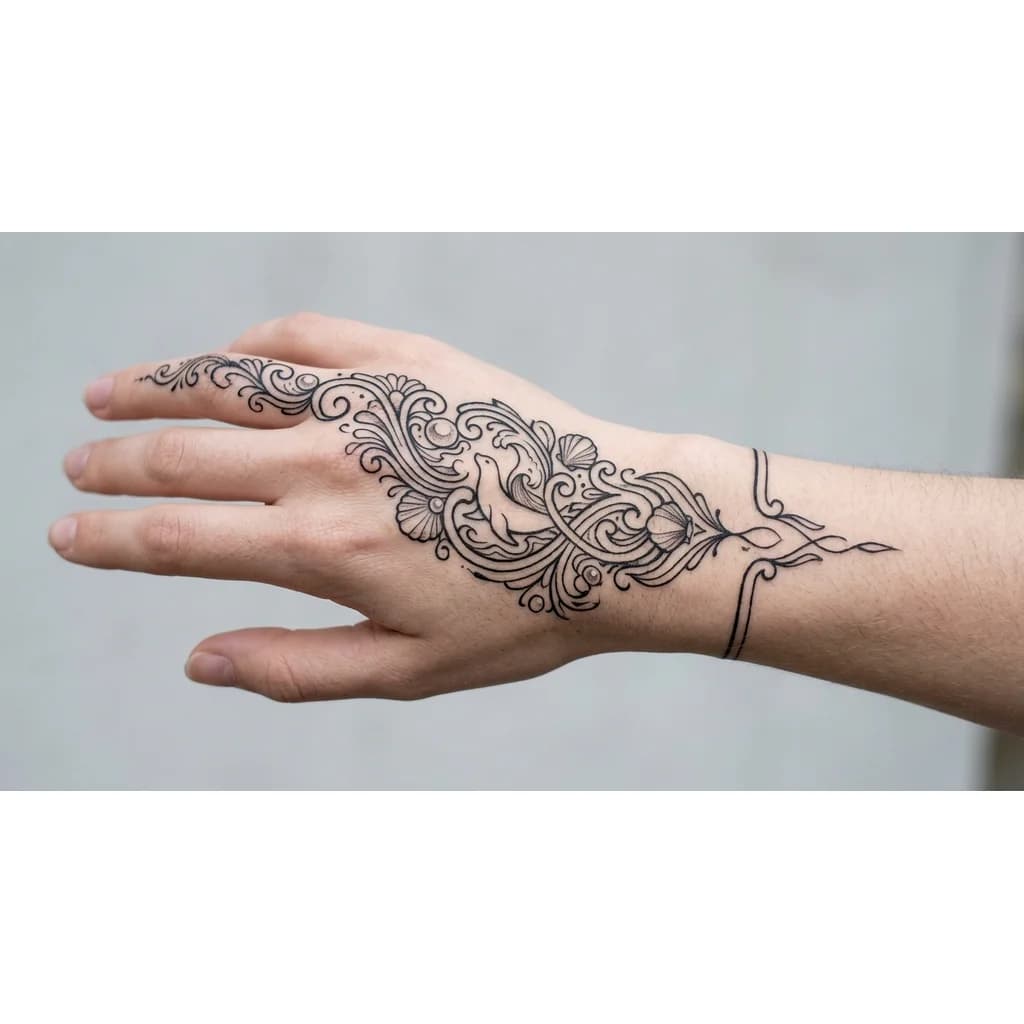 Тату эскиз: Tatouage marin style henné sur main droite. Le motif commence sur l'annulaire et descend en diagonale jusqu'au poignet. Vagues élégantes et fluides, écume stylisée, coquillages fins et perles marines intégrés aux arabesques. Une discrète silhouette d'otarie est cachée dans les motifs. Composition féminine, raffinée et aérée avec de beaux espaces négatifs. Tatouage noir réaliste, lignes fines adaptées à un vrai tatouage permanent.