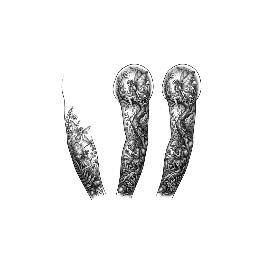 Quiero crear una plantilla para un tatuaje para un brazo, que sea desde el hombro hasta el antebrazo, con hadas duendes y naturaleza, que sea un diseño con sombras en realismo.
