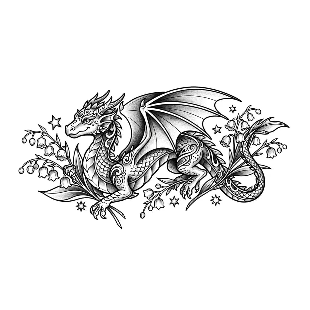 Lily of the valley flower flowing with stars and a girl dragon for a arm piece