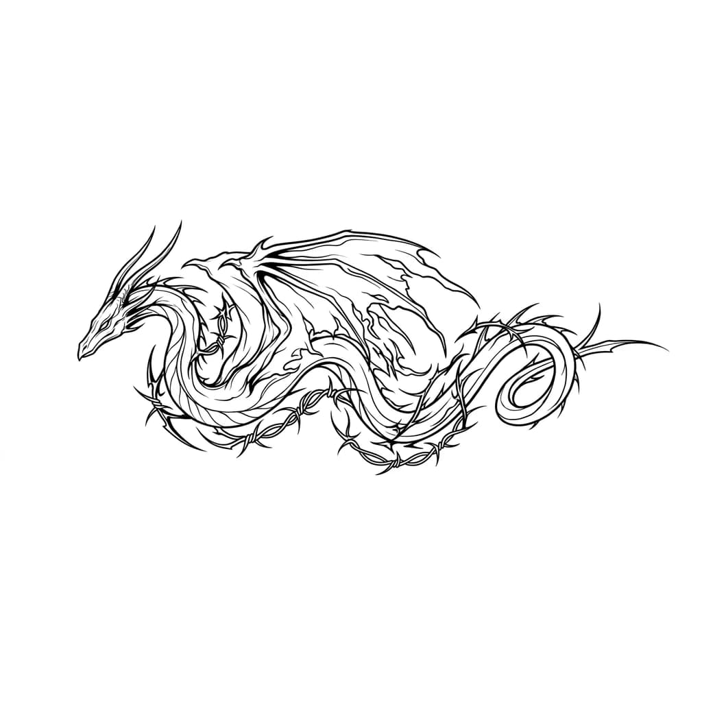 A dark fantasy blackwork dragon tattoo for the forearm. The dragon has a long, slender, serpentine body with no visible legs, featuring two large tattered bat-like wings folded close to its body. Its head is sleek and narrow with long curved horns pointing backward, giving it an elegant yet intimidating appearance. The wings have ripped, flowing edges that blend naturally into the body, creating a ghostly silhouette. The dragon's body spirals gracefully around the forearm, wrapping in a natural